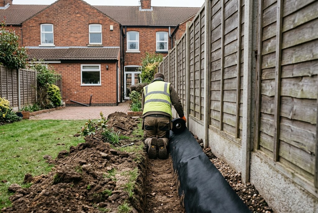 Root-barrier membrane being set into a trench beside a fence.